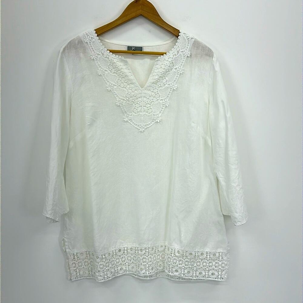 Jm Collection White 100% Linen Popover Top With Lace Croch Details Size M